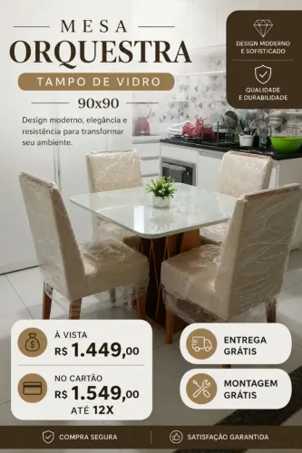 Mesa de jantar // 4 lugares com tampo de vidro