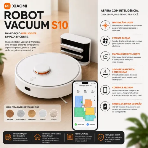 Robô Aspirador Xiaomi Robot Vacuum S10 com Mapeamento a Laser - Aspirador
