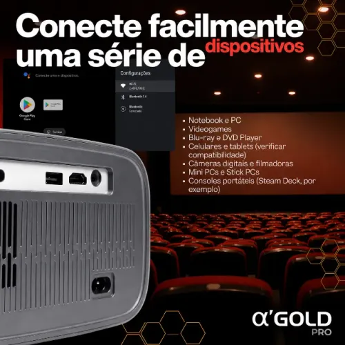 Projetor Smart Portátil a' GOLD PRO (PGT-HY500): O Verdadeiro Cinema em Casa com Áudio de