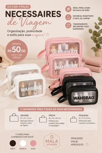 Kit 3 Necessaires Transparentes para Viagem