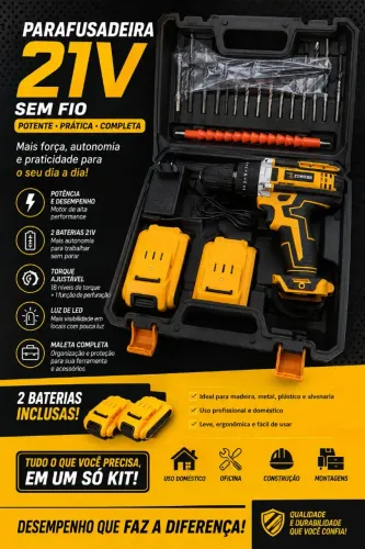 Parafusadeira/Furadeira 21V Sem Fio + 2 Baterias + Maleta