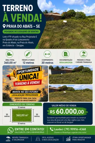 VENDO TERRENO NO POVOADO COQUEIRO DE DENTRO, NA PRAIA DO ABAIS EM ESTÂNCIA-SERGIPE.