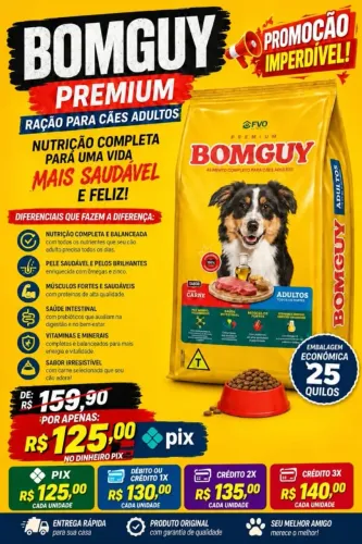 Ração bomguy premium 25kg PROMOÇÃO+FRETE GRÁTIS ( consulte sua região)
