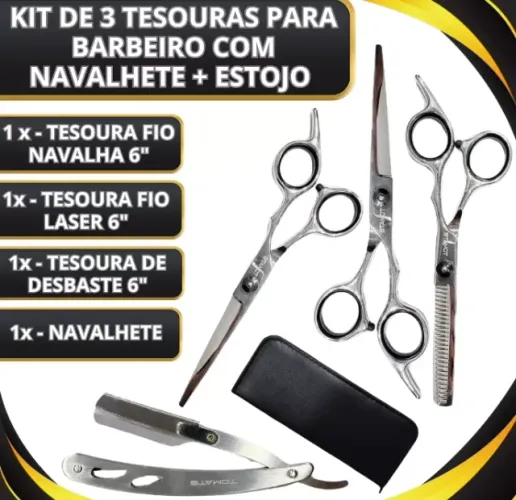 Kit 3 tesouras e 1 Navalhete c/ Estojo Tomate - Prata