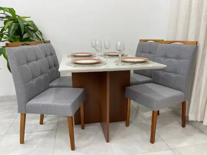 Mesa de Jantar Helo 1.20×0.90 c/ 4 Cadeiras Mel/Off White/Cinza Até 12x
