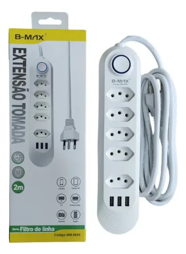 Extensão Elétrica B-Max BM-8695 5 Tomadas E 3 Usb Filtro De Linha Régua 2m Cor Branco
