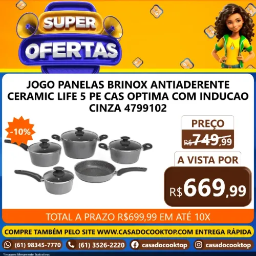 JOGO PANELAS BRINOX ANTIADERENTE CERAMIC LIFE 5 PECAS OPTIMA COM INDUCAO CINZA 4799102