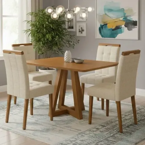 Mesa Alva ME02 120 Canela com 4 Cadeiras Sophia Linho Bege 200 - KAPPESBERG + WM DECOR