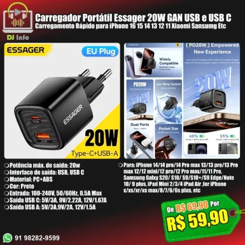 Carregador Essager 20W GAN USB e USB C para iPhone 16 15 14 13 12 11 Xiaomi Sansumg Etc