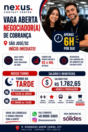 Vaga para Negociador(a) de Cobrança/Call Center