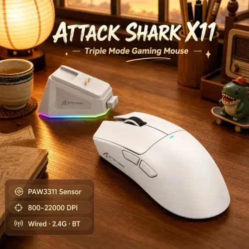 Attack Shark X11 Sem Fio - 3 Modos + Base de Carregamento