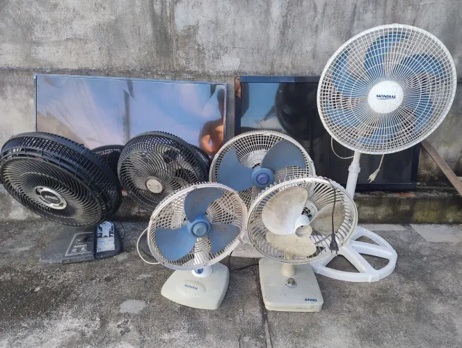 Ventiladores, televisões, esteiras, lavadora.