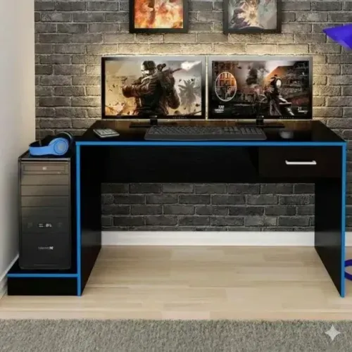 Mesa Gamer Nilo Preto/Azul 1,60m | Frete Grátis