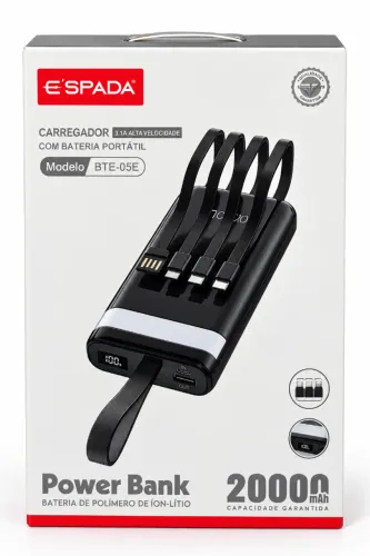 Carregador Portátil Power Bank Espada 20000mAh 3.1A com Cabos Integrados