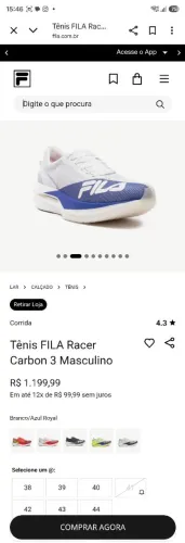 FILA racer carbon 3<br>Branco e azul Royal<br>Retirada<br><br>Maquininha $1.000,00<br><br>Pix 900,00