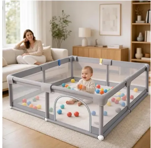 Cercadinho para Bebê 150×180×68cm | Malha Respirável Transparente | Estrutura em Liga de A