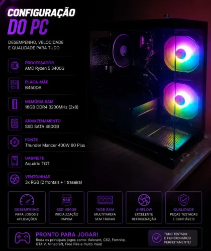 PC Gamer Ryzen 5, 16GB, SSD 480 RGB