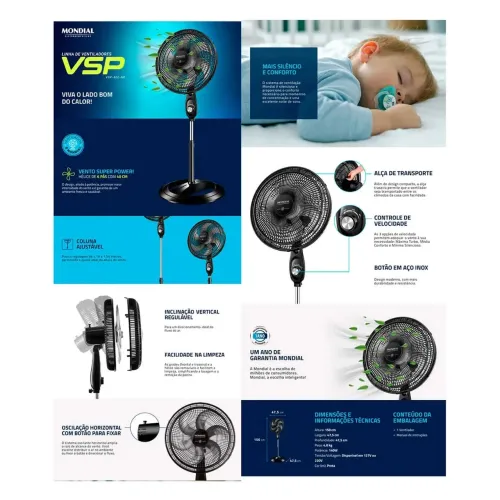 Ventilador de Coluna Mondial Super Power VSP-40C-NB 40cm 6 pás 3 velocidades 110V