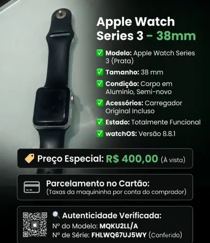 Apple Watch Series 3 38mm Prata - Funcionando Perfeitamente