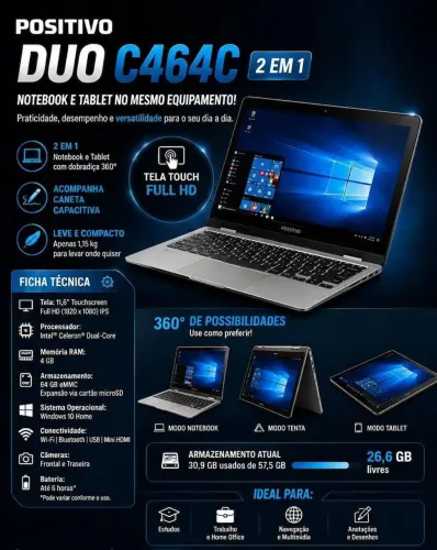 Notebook positivo 2 em 1 vira tablet 64 GB 650reais$ aceito cartão de crédito
