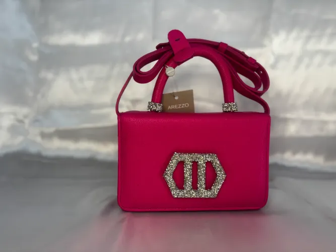 Bolsa Tiracolo Rosa Arezzo Couro Pequena Strass
