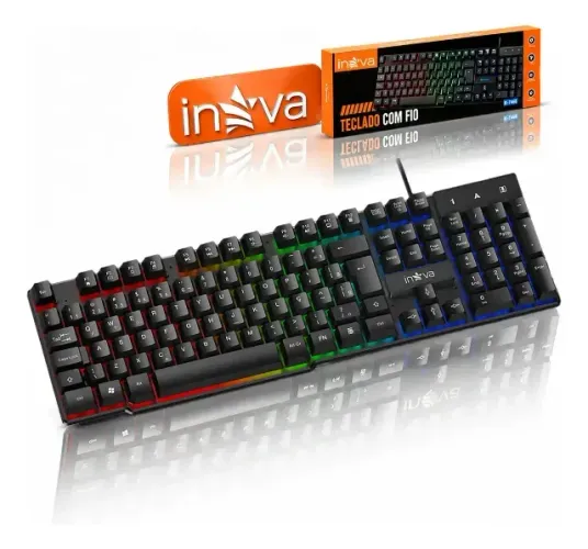 Teclado Gamer 107 Teclas Led Fio Inova Preto Teclado KV-817 Full Size Semimecânico Com Fio