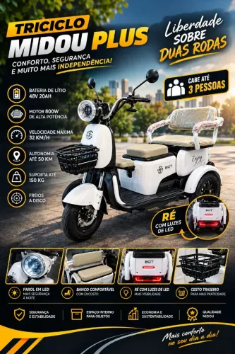 Triciclo Elétrico MIDOU PLUS 800W Novo - 3 Lugares - Até 50km de Autonomia