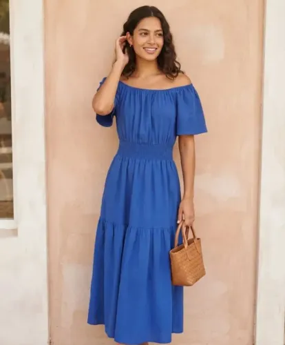 Vestido Azul Em Viscose. Látex Na Cintura. Tamanho G