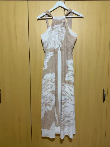 Vestido midi bege e branco - P