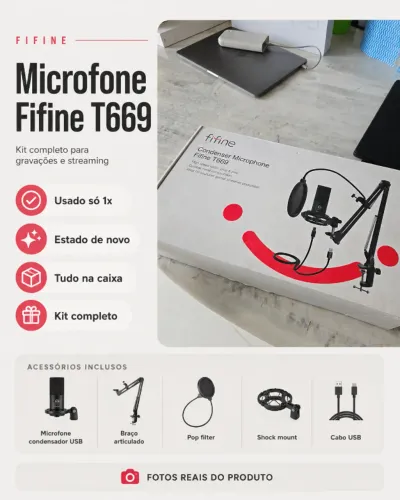 Microfone Fifine T669 USB Completo | Usado 1x | Estado de Novo