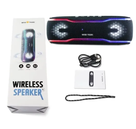 COM NOTA FISCAL CAIXA DE SOM BLUETOOTH WISE TIGER 25W RGB IPX7 SOM ESTÉREO PORTÁTIL PRETA