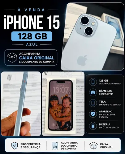 Vendo IPHONE 15 normal, 128 gigas, bateria em 93%