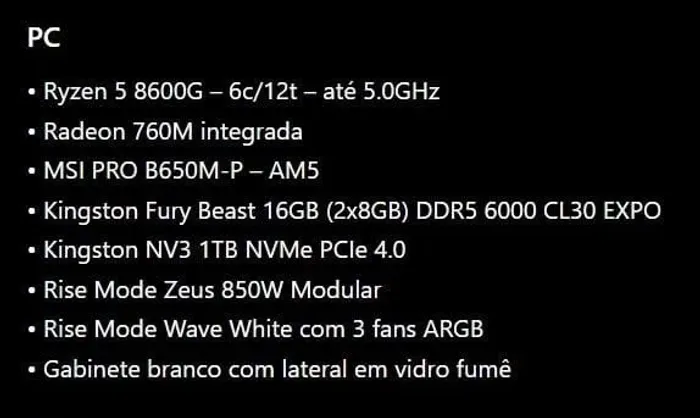 PC Gamer Ryzen 5 8600G + 16GB DDR5 6000MHz + SSD 1TB NVMe | AM5 | B650M