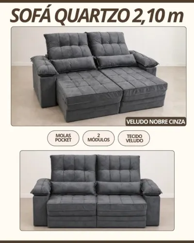 Sofá quartzo 2,10 reclinavel veludo nobre cinza