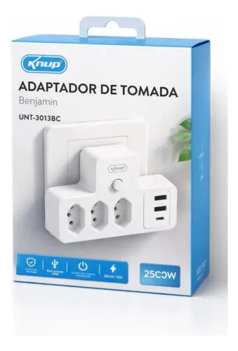 Adaptador Elétrico Knup Para Tomadas Universais Benjamin duas saídas USB e uma USB c