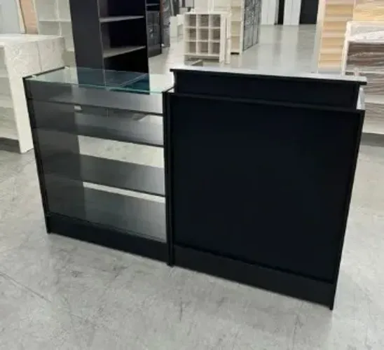 BALCÃO CAIXA SIMPLES + BALCÃO VITRINE COM VIDRO SUPERIOR MDF PRETO