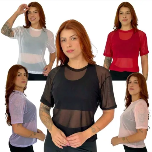 Kit 5 Blusas Femininas Manga Curta Transparente