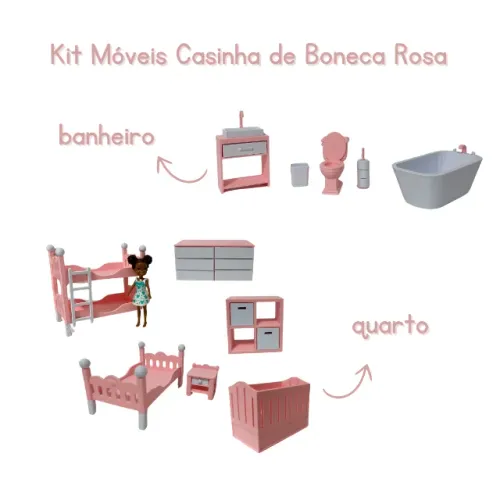 KIT MINIATURA MÓVEIS REALISTA PARA CASA DE BONECA POLY QUARTO + BANHEIRO COR ROSA BEBÊ