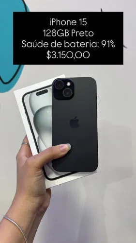 iPhone 15 Preto / 128GB / Bateria: 91% / Impecável / Garantia / $3.150,00