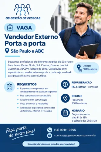 VENDEDOR PAP ABC - SANTO ANDRÉ / SBC / DIADEMA - R$2.120 + COMISSÃO - 40 VAGAS