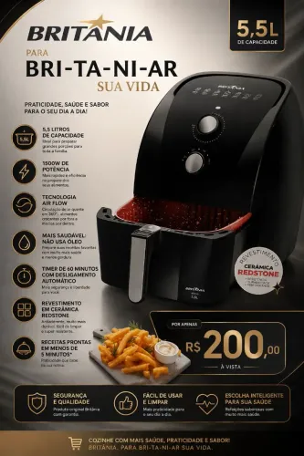 FRITADEIRA AIR FRYER BRITÂNIA 5,5L