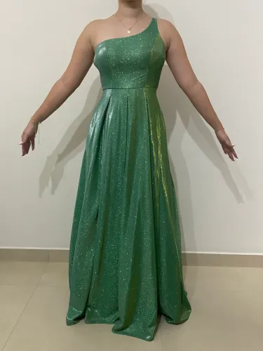 Vestido de Festa Longo Verde com Glitter e Costas Abertas