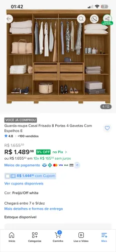 Vendo guarda roupa seminovo 3 meses de uso