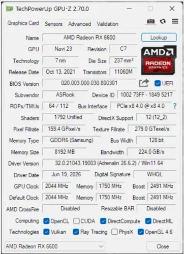 AMD ASRock Challenger Radeon RX 6600 Series RX 6600 8GB