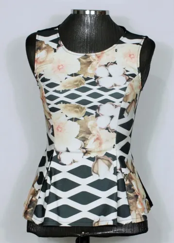 Blusa regata feminina peplum floral e preta lança perfume - Veste P - Ref. 5536