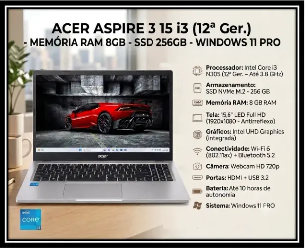 Notebook Acer Aspire 3 - i3 (12ª Geração) - Mem. Ram 8GB - SSD 256GB Win 11 PRO