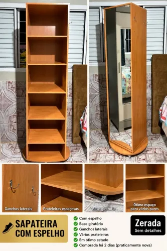 Sapateira 1 Porta com Espelho 6 Prateleiras Lopas Esthela - Amendoa Clean