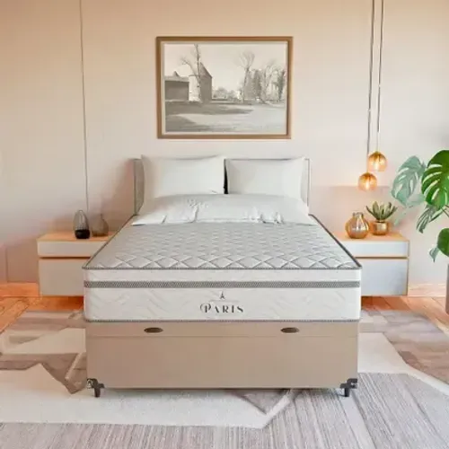 Colchão Casal Espuma D33 + Cama Box Baú cor Bege Claro