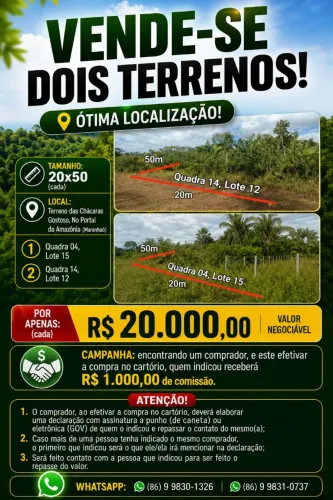 Terrenos no Portal da Amazônia (Chácaras Gostoso) 20x50 Timon