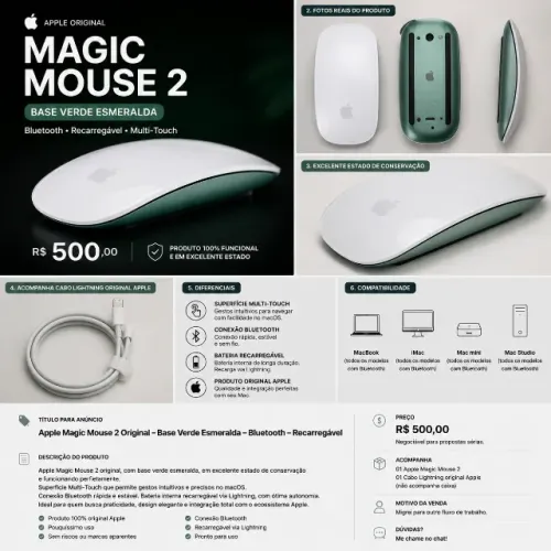 Apple Magic Mouse 2 Original A1657 | Base Verde Esmeralda | Bluetooth